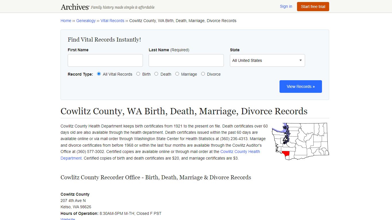 Cowlitz County, WA Birth, Death, Marriage, Divorce Records - Archives.com